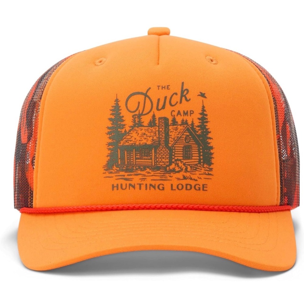 Duck Camp Huntin' Lodge Retro Trucker Hat Blaze Orange Hunting Cap New